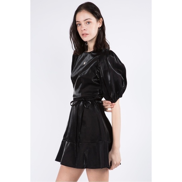 NWT Whiteroom + Cactus Black Satin Puff Sleeve Mini Dress - Picture 4 of 8